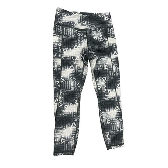 Reebok High-Rise Leggings L Black Gray Logo‎ Print Stretchy Athletic Pants - Picture 1 of 5